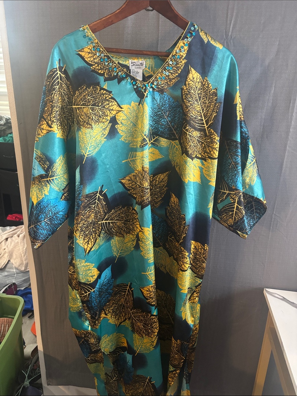 Soma Teal and Gold Leaf-Print Tunic with Beaded V-Neck